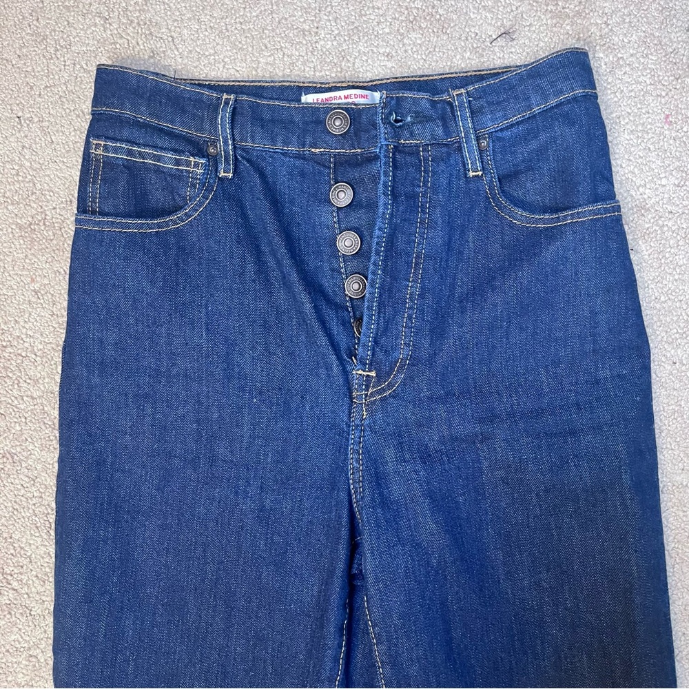 Leandra Medine X Mango Button Fly Dark Denim Jeans Women’s 4 Straight Hi Rise - Picture 2 of 14